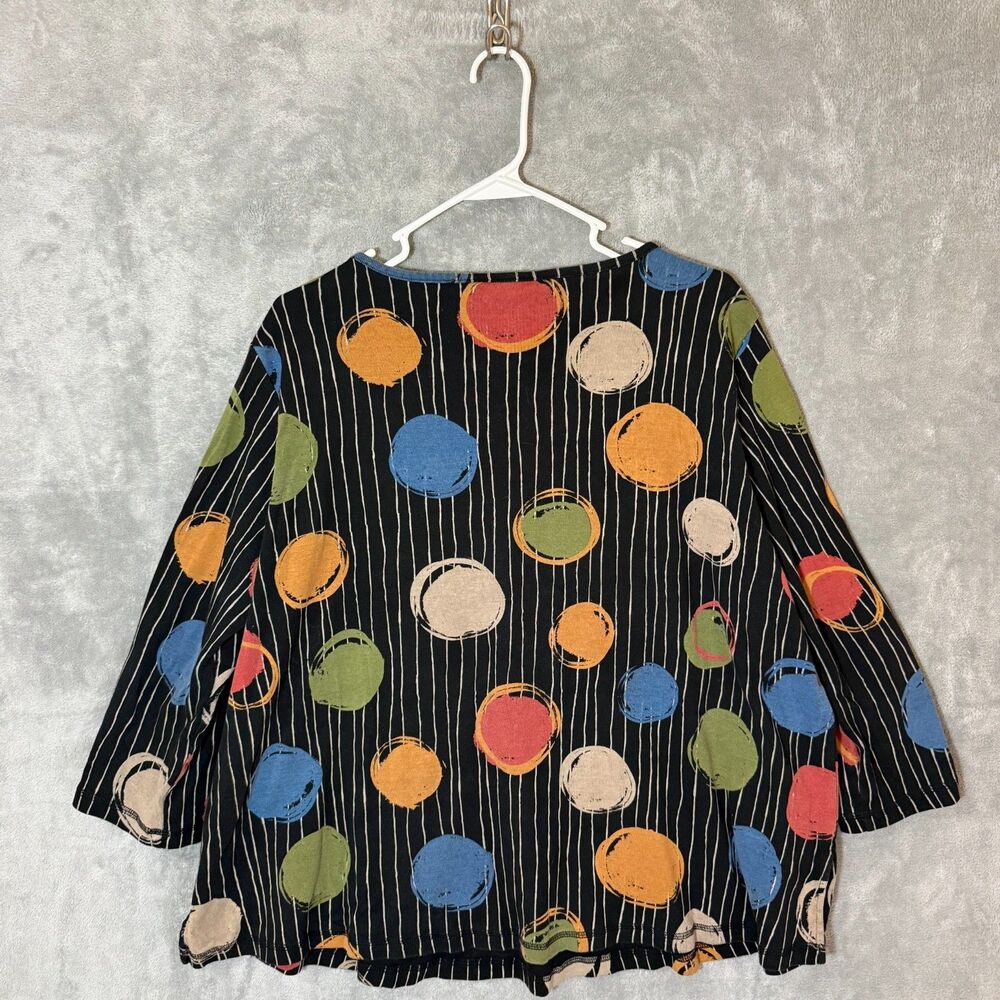 Ali Miles Women 1X Black Colorful Polka Dot Stripe 3/4 Sleeve Top Plus Lagenlook